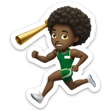Muscular Afro teenage boy  in green track and field uniform running fast with gold baton. sticker