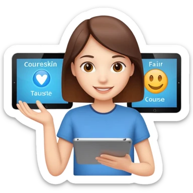 tablet with rounded corners, on the screen an interface and on the screen a person presenting onlince course sticker