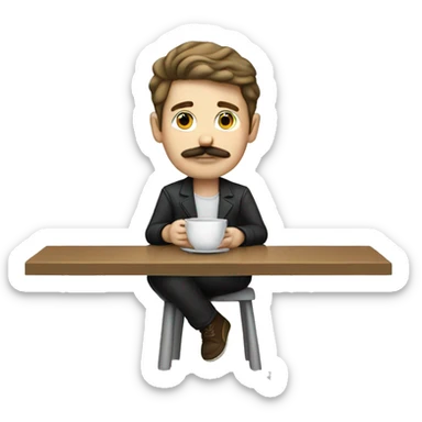 white boy with dark blond hair and a mustache waiting with a cup sticker