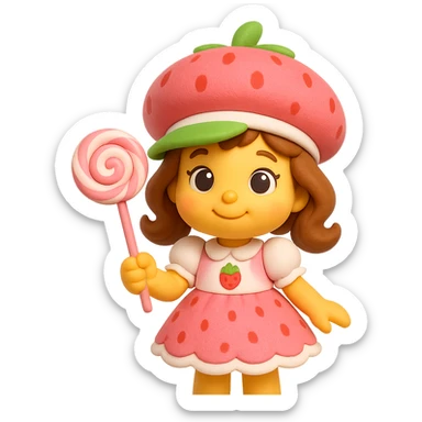 little girl in a strawberry shortcake dress, holding a candy wand, pastel background, 3d emoji style sticker