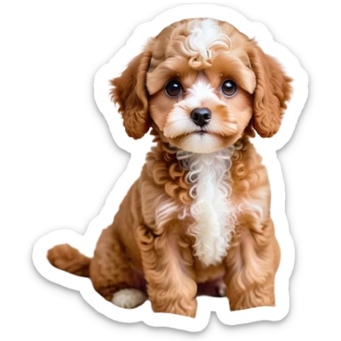 Cinematic Noble Apricot Cavoodle Portrait Emoji, Poised and regal, with a compact, cuddly build and a soft, curly apricot coat accented by gentle white markings, deep-set soulful brown eyes, Simplified yet sharp and sophisticated features, highly detailed, glowing with a soft, dignified glow, high shine, intelligent and affectionate, stylized with an air of elegance, focused and attentive, soft glowing outline, capturing the essence of a watchful and confident companion, so majestic it feels as though it could step out of the screen with effortless authority! sticker