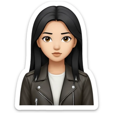 create an emoji of a 22-year-old woman, long straight black hair, black eyes with Asian features, she is brown, wears a black leather jacket with a white blouse underneath sticker