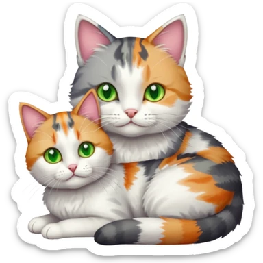 grey and white cat cuddling a colourful light patched calico + white tabby cat sticker