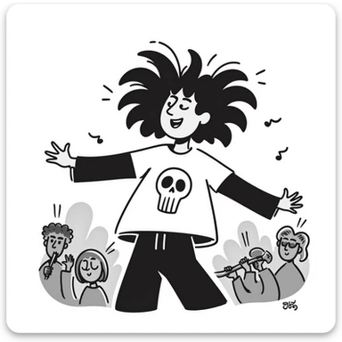 A person enthusiastically headbanging at a concert, wearing a band shirt with wild hair flying sticker