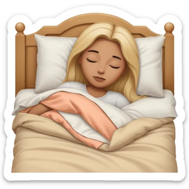 Mujer color de piel moreno claro, con cabello rubio largo, lacio y suelto, ojos negros, durmiendo con sábanas blancas, edredones beige, tomado desde un lado de la cama sticker