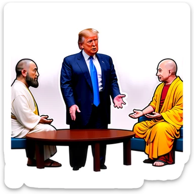 Jesus, Buddha, Musk, Bezos, and Trump in a meeting sticker