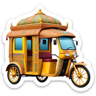 Cinematic Realistic Indian Auto Rickshaw Emoji, depicted as a colorful, bustling auto rickshaw with intricate designs and vibrant hues, rendered with lively textures and dynamic urban lighting that captures its quintessential presence in Indian cities. sticker