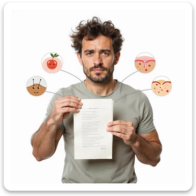realistic man with dull hair and dry skin holding a shopping list without healthy fats, attention symbols near body areas like hair and skin, Italian caption: 'Mancanza di grassi buoni: rischio per estetica e salute', isolated on white background sticker