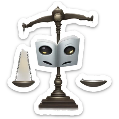 a balance of justice with a robot head on one side and a book on the other side sticker