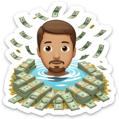 Man with short brown hair and a goatee swimming and a pile of money sticker