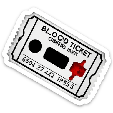 Minimalist emoji-style sticker of an old torn cinema ticket, blood-stained edges and burn holes, grayscale paper

 sticker