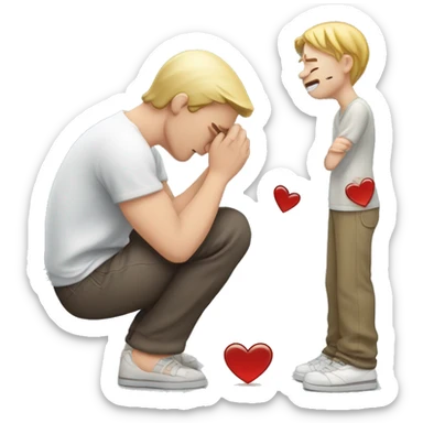 A white-skinned man kneeling and crying, trying to mend his girlfriend's broken heart. The heart is a broken emoji heart, highlighting the emotional scene. sticker