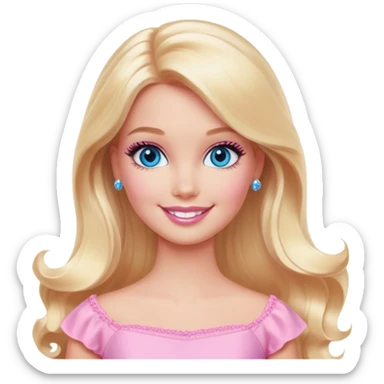 A Barbie-inspired girl with long blonde hair, wearing a pink dress, smiling with bright blue eyes and soft pink makeup, in a pastel background sticker