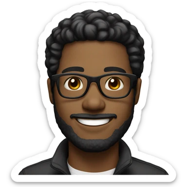 Man who is 30 years old and smilling. He is black hair and black eyes and wear black glasses. White skin sticker