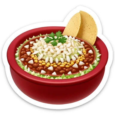 A delicious hot bowl of pozole rojo emoji. Steam rising. Hominy visible. Place the sides next to the bowl: chopped onions, shredded cabbage, lime wedges, red chile de arbol salsa, and full round tostadas sticker