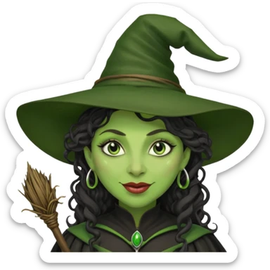 elphaba the wicked witch from wicked movie (cynthia erivo) dark long curly hair, thick lips, wide nose, green skins, witch hat, witch broom, evil, wicked musical film, evil smirk sticker
