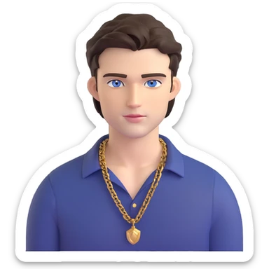 handsome male with intense blue-grey eyes, chiseled features, pale skin, confident smirk, dark brown styled hair, baddie energy, gold chain, stylish fitted shirt sticker