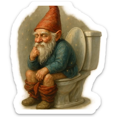 realistic gnome on a toilet, subtle magical elements, soft lighting sticker