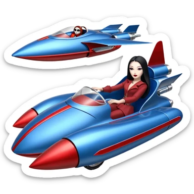 Ultra Jetson’s Jedi teen Morticia Addams flying a chrome accented red and blue Zephyr-J Jumpspeeder anti-gravity repulsorlift powered by an imperial speeder steampunk hypercar  sticker