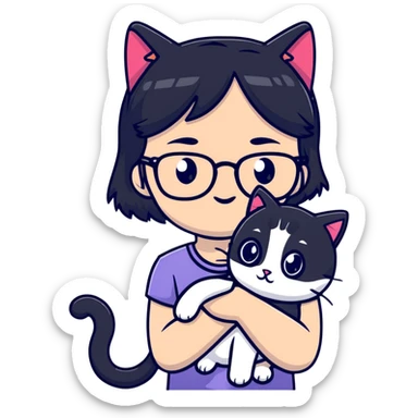 Girl with black hair wearing glasses holding a black and white cat sticker