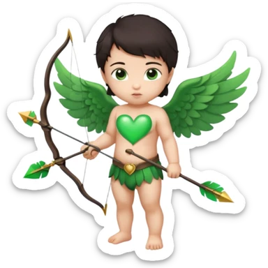 cupid asian baby flying full body with wings with brown eyes and dark hair handled bow and arrow green heart breaker and looking to heart sticker