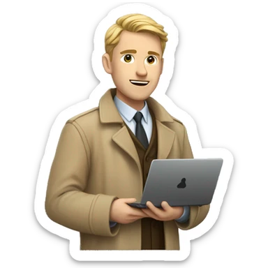 White Young man with a tan detective coat behind his opened laptop  sticker