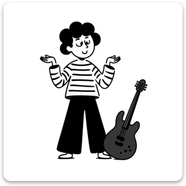 A musician smiling and shrugging shoulders with a carefree attitude, happy and unbothered expression, suggesting "it's up to you if you continue like this, I'm happy" sticker