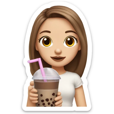 White girl with brown hair and brown eyes drinking bubble tea sticker