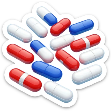 A close-up of mixed pills and capsules, red, white, and blue colors, clean background, light reflections on surface, realistic Memoji-style. sticker