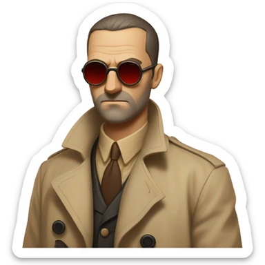 1930s investigator, a Caucasian man with short, buzz cut dark hair and a rough beard, wears tiny red-tinted sunglasses and a dirty beige trench coat. He has a serious demeanor. sticker