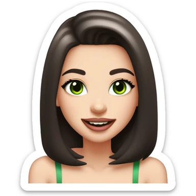 beautiful girl with high cheek bones orange blush, long straight shiny dark brown hair, big green eyes and big pale pink lips. Long thick eyelashes. Wearing a cream bustier.  She is laughing sticker