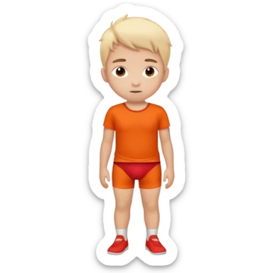 A kid wearing a red pooped underwear with a orange t-shirt looking back sticker