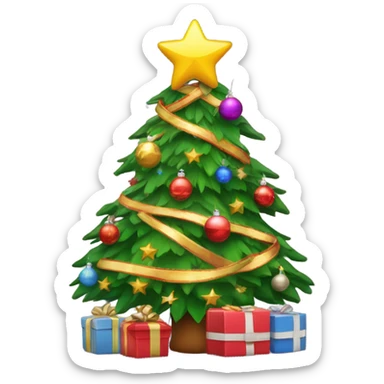 Decorated Christmas tree with presents below it and a star on top of the tree sticker
