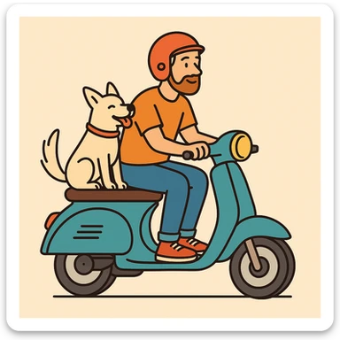 color vector art with thin outline of man and pet dog riding a scooter sticker