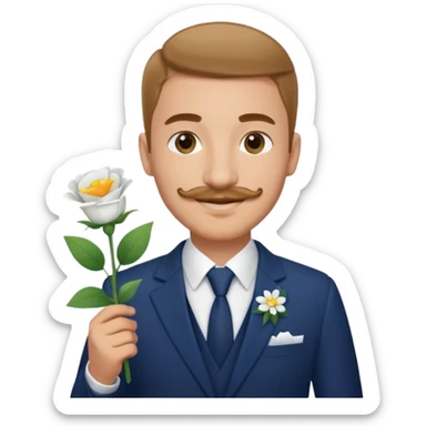 Homme 23 ans léger bouc moustache pas trop épaisse en costume bleu foncé chemise blanche insigne cabin crew portant bouquet fleur blanche souriant  sticker
