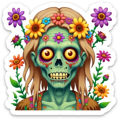 Cinematic ultra detailed 32k HD Psychedelic colored hippie style zombie with flowers sticker