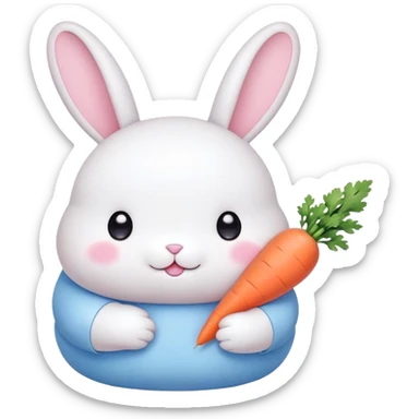 A fat bunny character in Sanrio style, large head with big round eyes, blushing cheeks, small mouth, minimal facial features, tiny spikes, pastel pink and blue colors, clean bold outlines, rounded shapes sticker