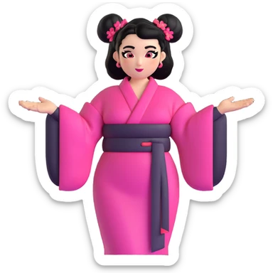 character inspired by Netta Barzilai's Eurovision 2018 'Toy' performance, black hair in two large space buns, vibrant pink black and red kimono-style dress with exaggerated sleeves and belt, bright makeup with winged eyeliner, sassy and empowered expression, playful hand gesture sticker