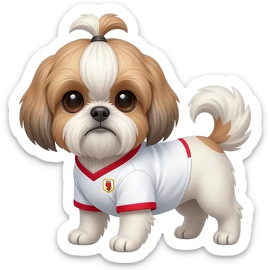 white and light brown shih zhu wearing a Japan white and red soccer jersey v neck 2026 work cup sticker