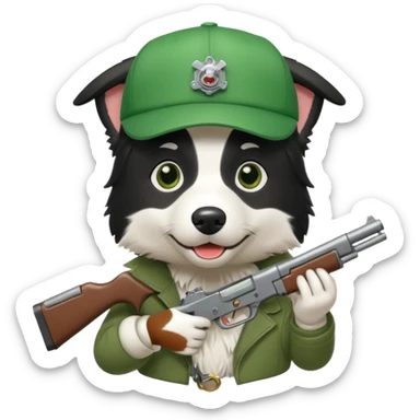 A border collie dog with a green cap and an automatic gun sticker