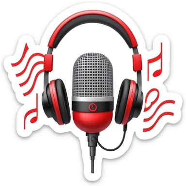 Create a dynamic and energetic emoji that represents beatboxing. The design should feature a stylized microphone with sound waves emanating from it, symbolizing vocal percussion and rhythm. Add elements like headphones or a subtle speaker to emphasize the music production aspect. Use bold colors like black, white, and red to convey the intensity and creativity of beatboxing. The background should be transparent. sticker