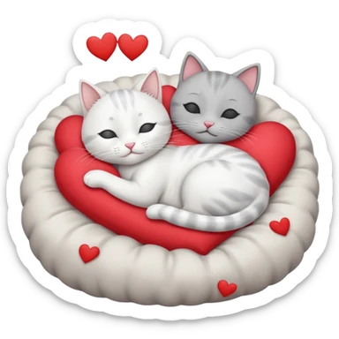 White cat and gray cat sleeping together in a bed full of hearts sticker