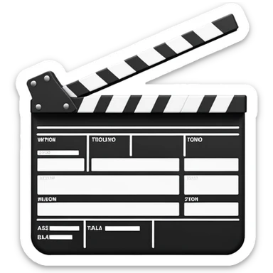 Extremely minimalist movie clapperboard with angled top bar, black and white, iOS emoji style with just the essential elements sticker