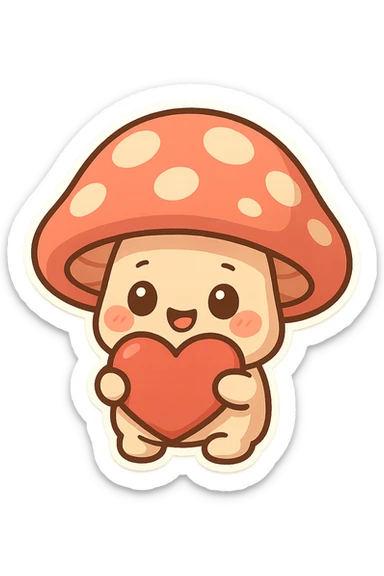 chibi sticker-style mushroom with a big heart, cute and exaggerated sticker