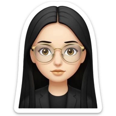 A girl with straight long black hair, hazel eyes and gold-black glasses sticker