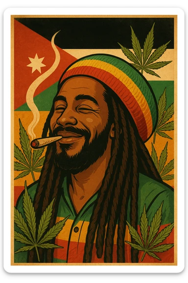 A digital vintage-style poster illustration of a Jordanian Rasta man with dreadlocks, wearing a red, yellow, green striped tam hat. He is smiling peacefully with a lit herbal spliff in his mouth. The background features the official Jordan flag — black, white, green horizontal stripes with a red triangle and a white 7-point star — accurately displayed behind him. Cannabis leaves are tastefully arranged around the composition, and the poster includes Rasta color textures blended with the Jordanian palette. Use a retro poster style with warm, slightly aged textures, bold outlines, and soft shading to evoke a soulful reggae vibe that honors both Jordanian pride and Rasta spirit. The mood is chill, powerful, and respectful sticker