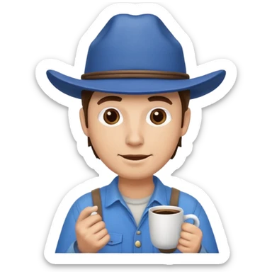 Ranch hand with blue hat and coffee mug sticker