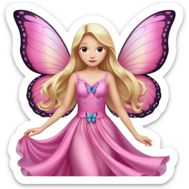 Detailed pink dress, long blonde hair, pink butterfly wings sticker