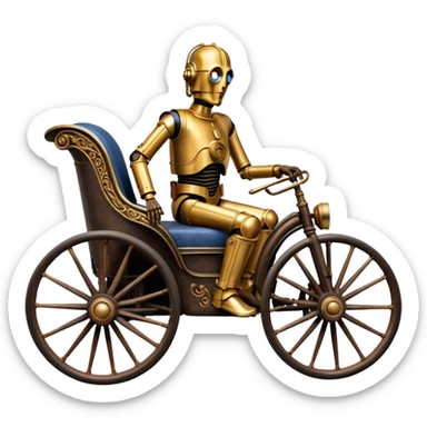 Old rust American West tarnished C-3PO policeman in 1864 delicately ornate rosegold accents painted buggy powered by electric motors and batteries with safety features and belts  sticker