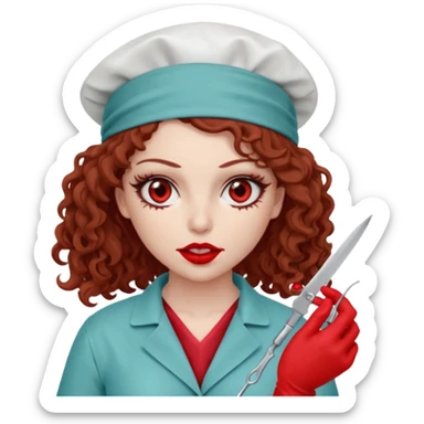 Scary woman scalpel in hand, evil surgeon sexy surgeon clothes.  She has red eyes. Her  brown long curly hair. Wears sexy doctor outfit with red gloves. Only uses red bandanna  to hide her face mouth with red bandana to hide her identity sticker